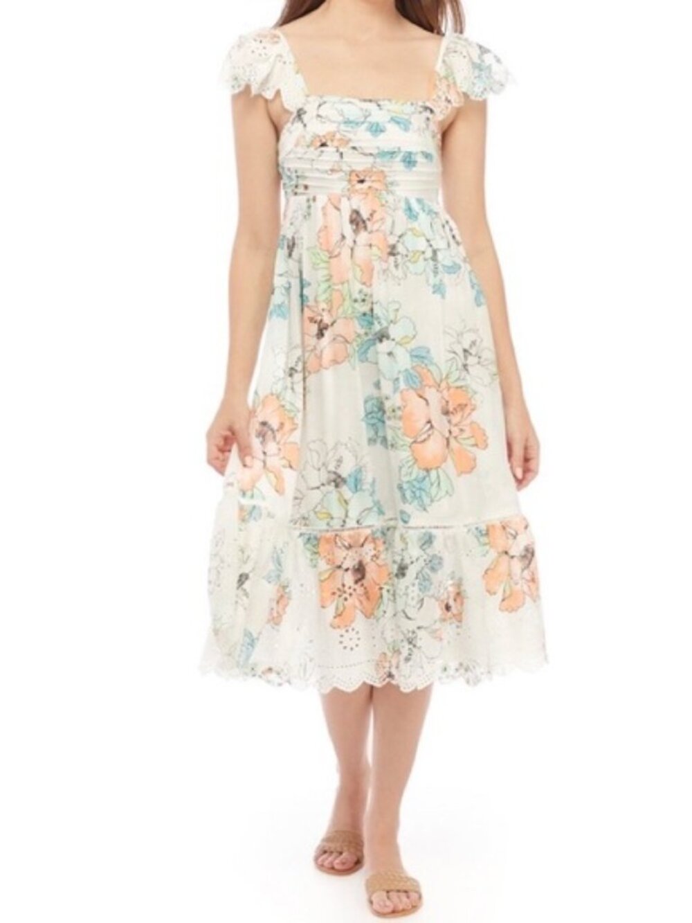 Wonderly Floral Smocked White Dress with Mint and Peach Accents